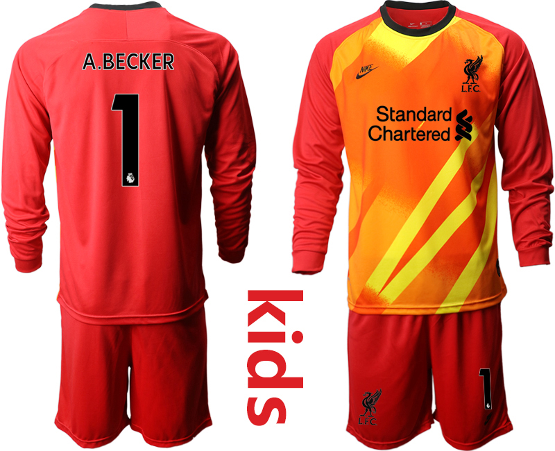 Youth 2020-2021 club Liverpool red long sleeved Goalkeeper #1 Soccer Jerseys